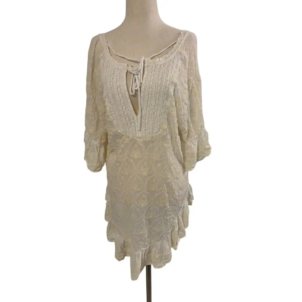 Anthropologie Ivory Boho Lace Tunic Top Small Peasant Crochet Ruffle
